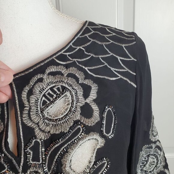 Vintage Cache Blouse Womens Small Silk Black Silver Embroidery Peplum 3/4 Sleeve - Picture 8 of 15